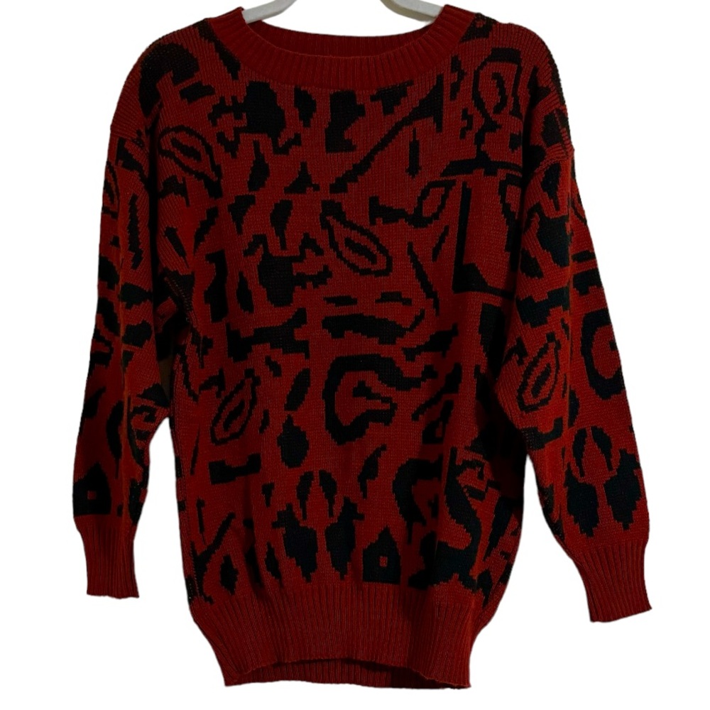 Vintage Pykettes Wool Blend Abstract Leapord Red and Black Sweater Size Small